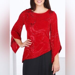 Praise Hymn Fashion Glitter Knit Asymmetrical Top with Split Flare Sleeve Red 3X
